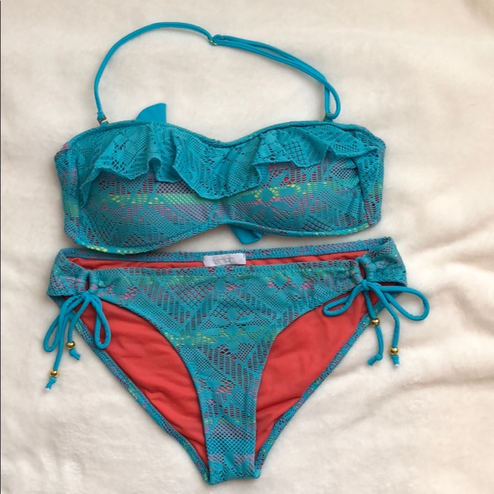 Jessica Simpson Teal Mesh Overlay Bikini